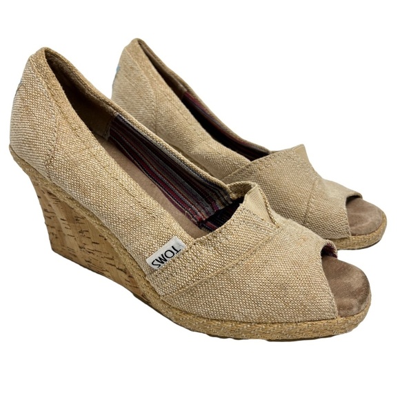 TOMS Wedges Peep Toe Cork Canvas Burlap Espadrilles High Heels Shoes Beige sz 6 - Picture 1 of 16